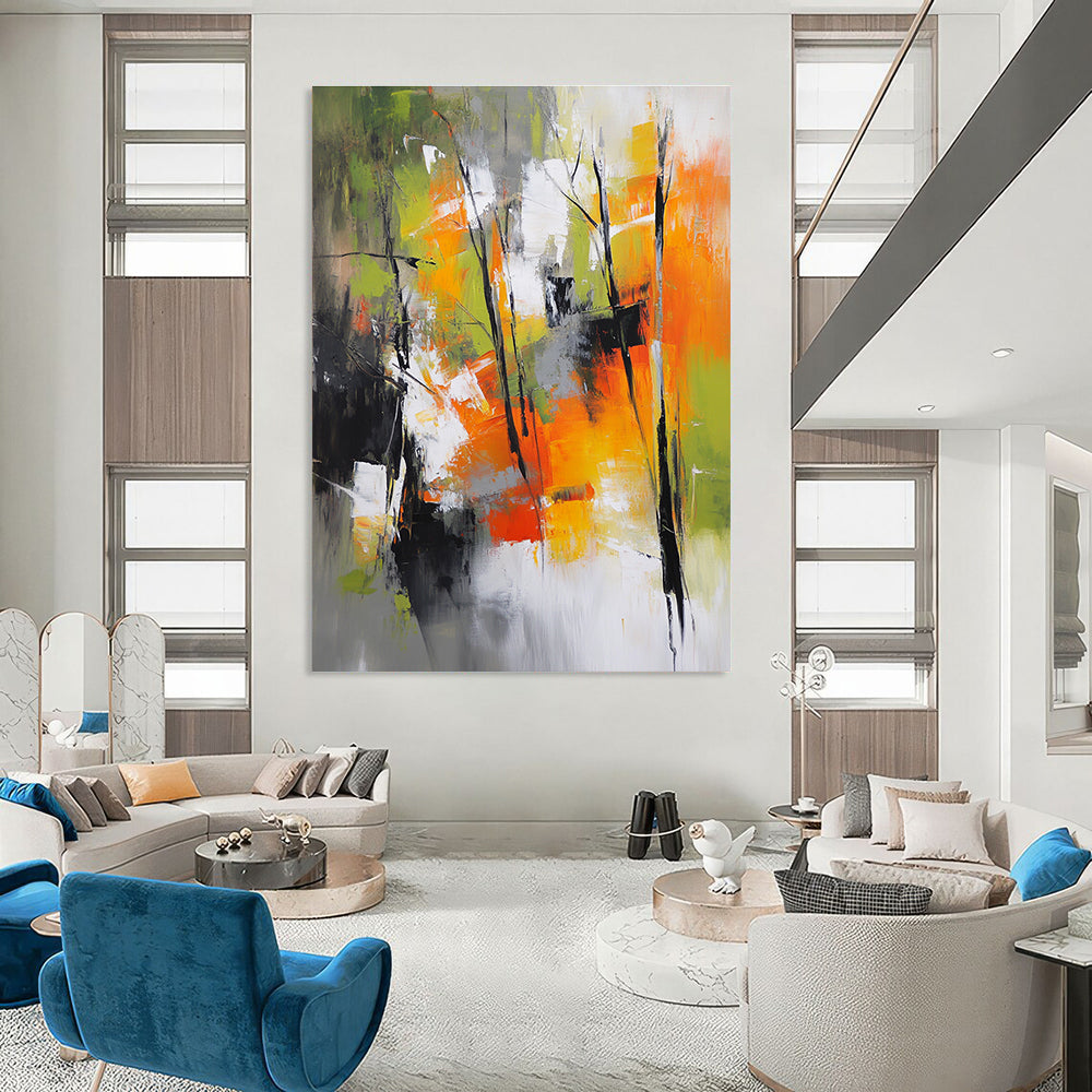 Abstract painting featuring a vibrant autumn forest with green yellow and red hues set against a backdrop of gray white and orange colors.STSC759