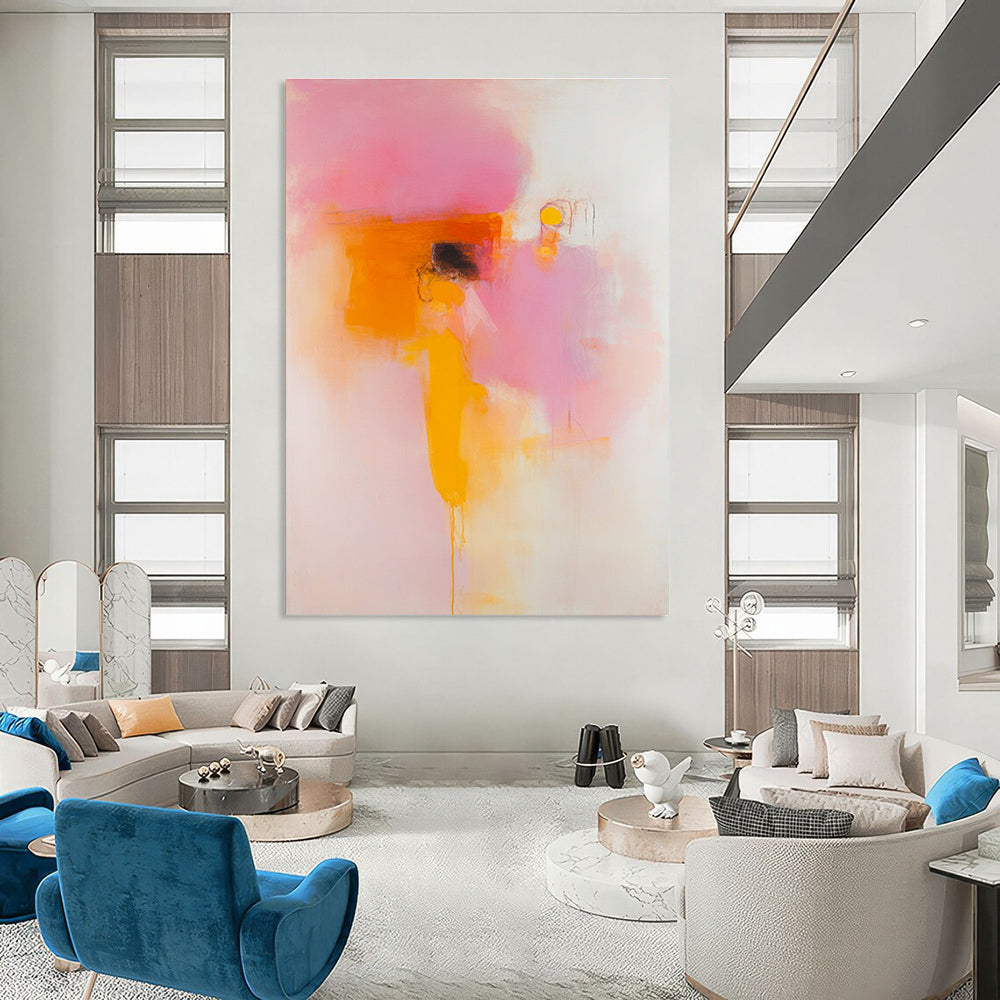 Large abstract painting featuring peach and pink hues with blurred forms and clear lines on a white background in soft orange yellow and red tones.STSC1409