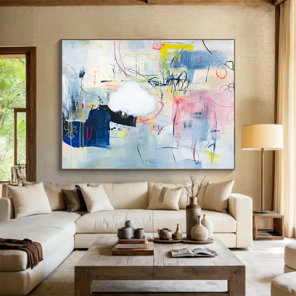 Large abstract painting featuring playful shapes and lines on a light blue background with mixed media collage elements and vibrant textural accents.SC477