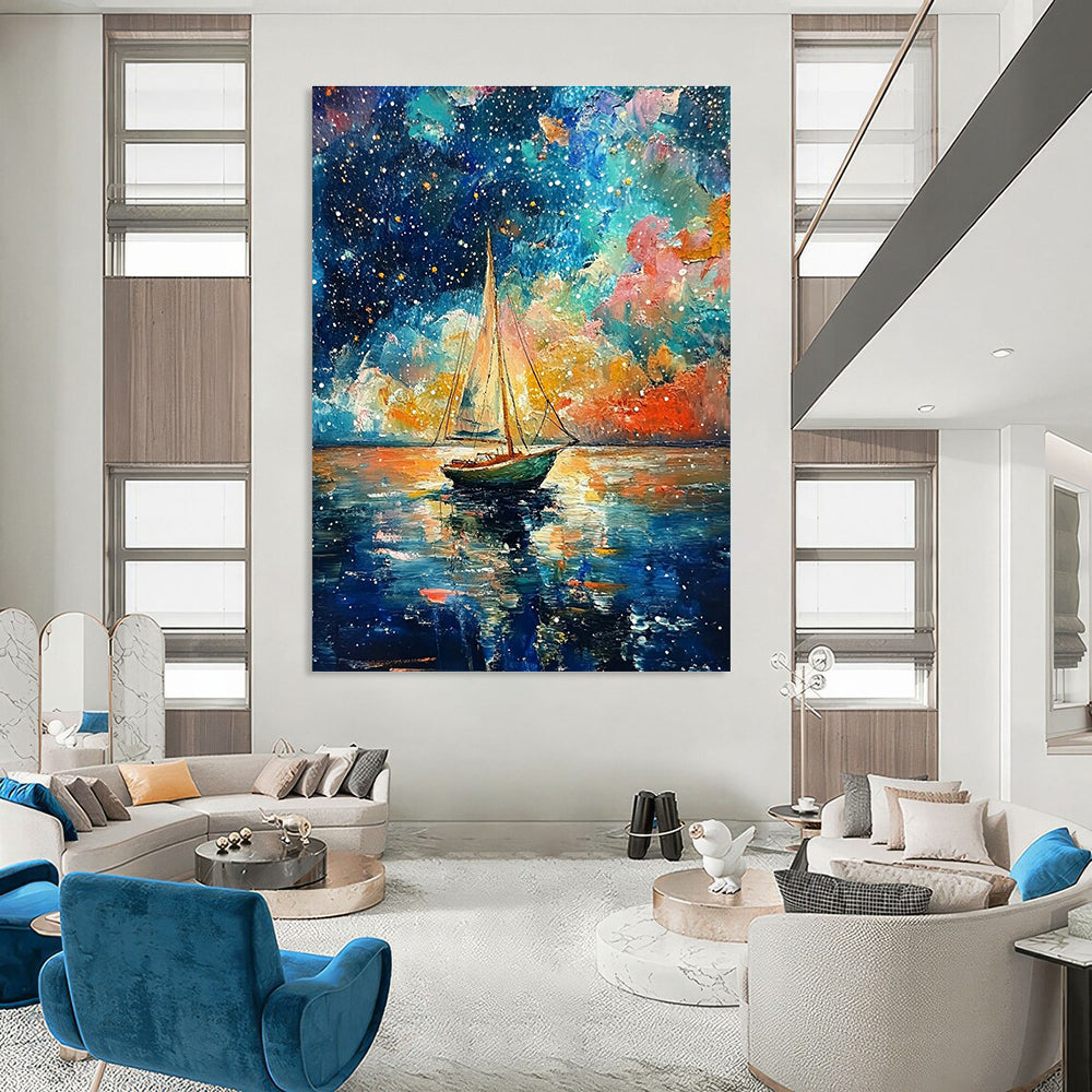 A large abstract painting featuring a small sailboat amidst vibrant colors and dreamy sky reflections in the style of Van Gogh.STSC1199