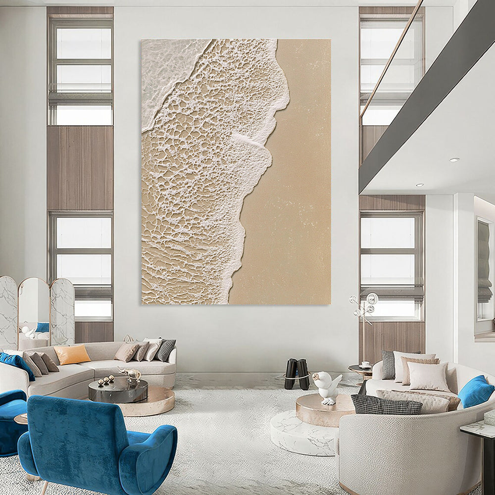Abstract painting of a serene beach scene highlighting intricate textures of sand and water in soothing beige and white tones.STSC953