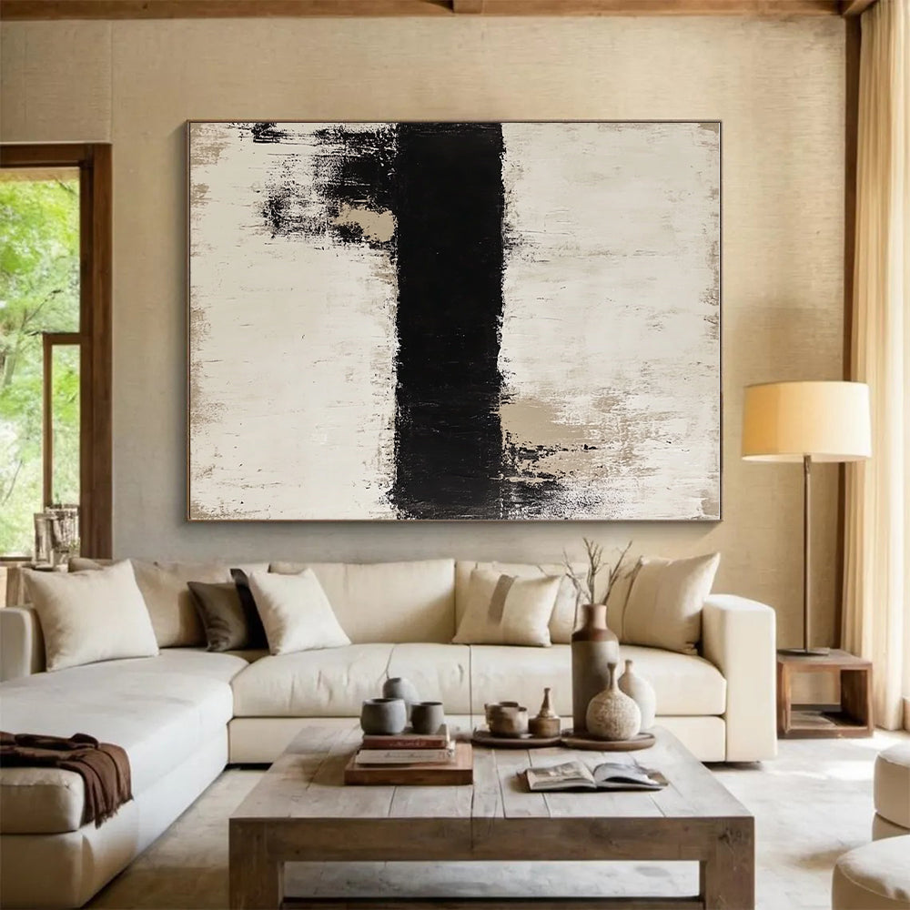 Black Beige and White Abstract Painting with Textured Layers GER637