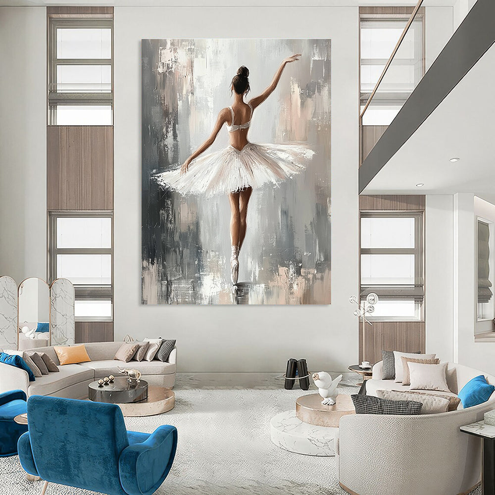 Large abstract painting of a ballerina in a white tutu with soft brush strokes on a grey background featuring a neutral color palette and canvas texture.STSC1380
