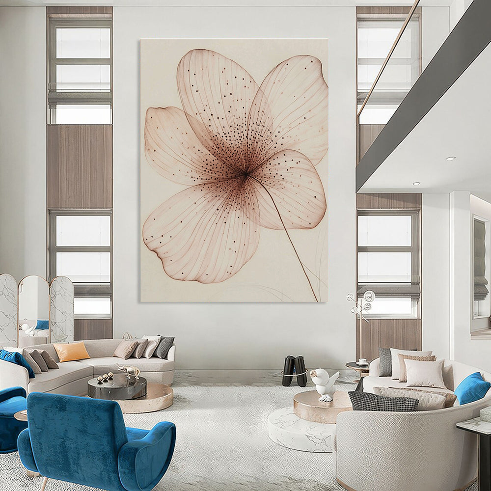 A large abstract painting featuring a single delicate petal in pink and brown with intricate internal structures and a hand-drawn sketch effect.STSC1197