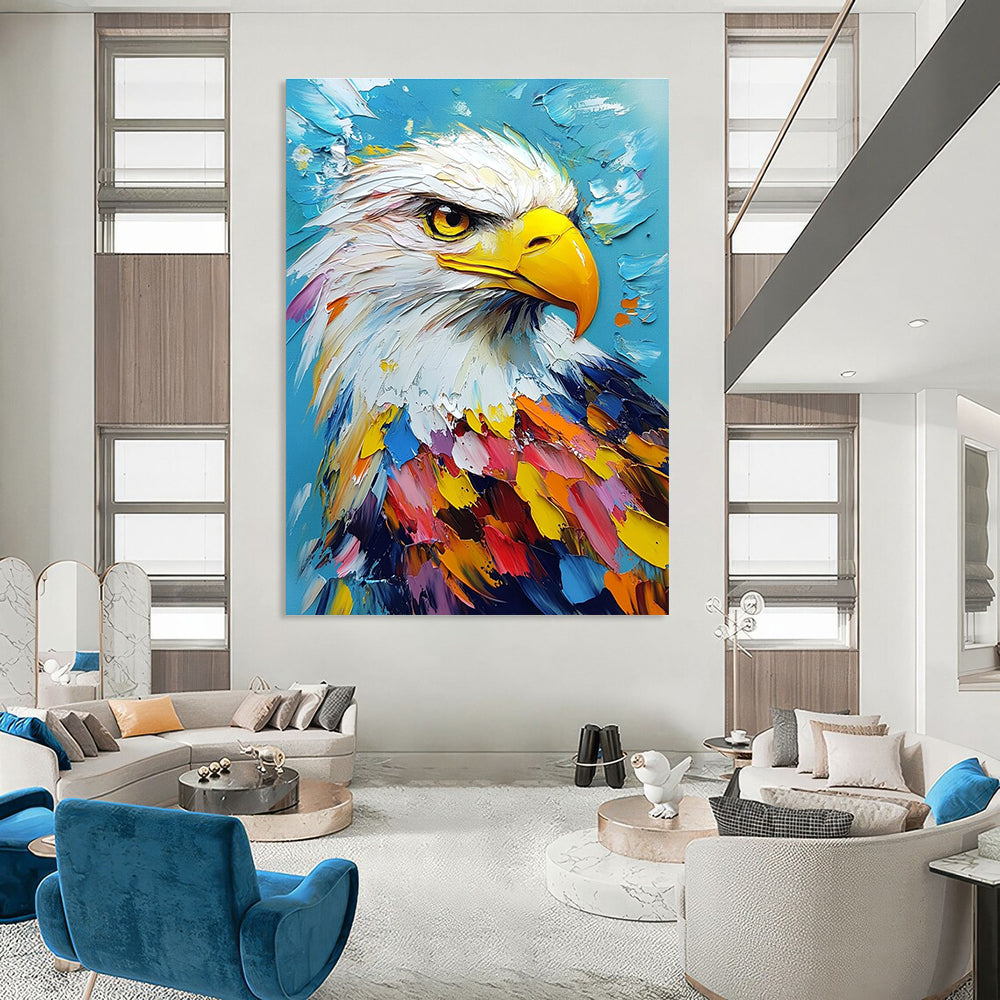 Large abstract painting featuring a colorful bald eagle portrait on a vibrant blue background, created with impasto oil techniques on canvas.STSC1285