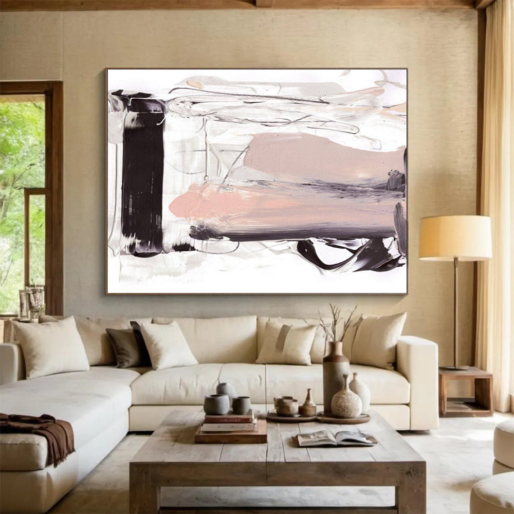Neutral Tone Abstract Painting with Black, White, and Beige THY143