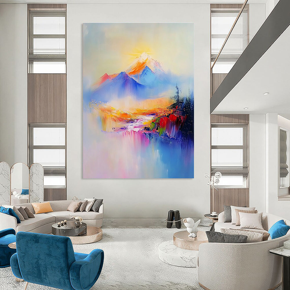 Abstract painting of Mount Redoubt featuring soft pastel colors gentle brush strokes light blue sky and a light purple river flowing through the valley.STSC323