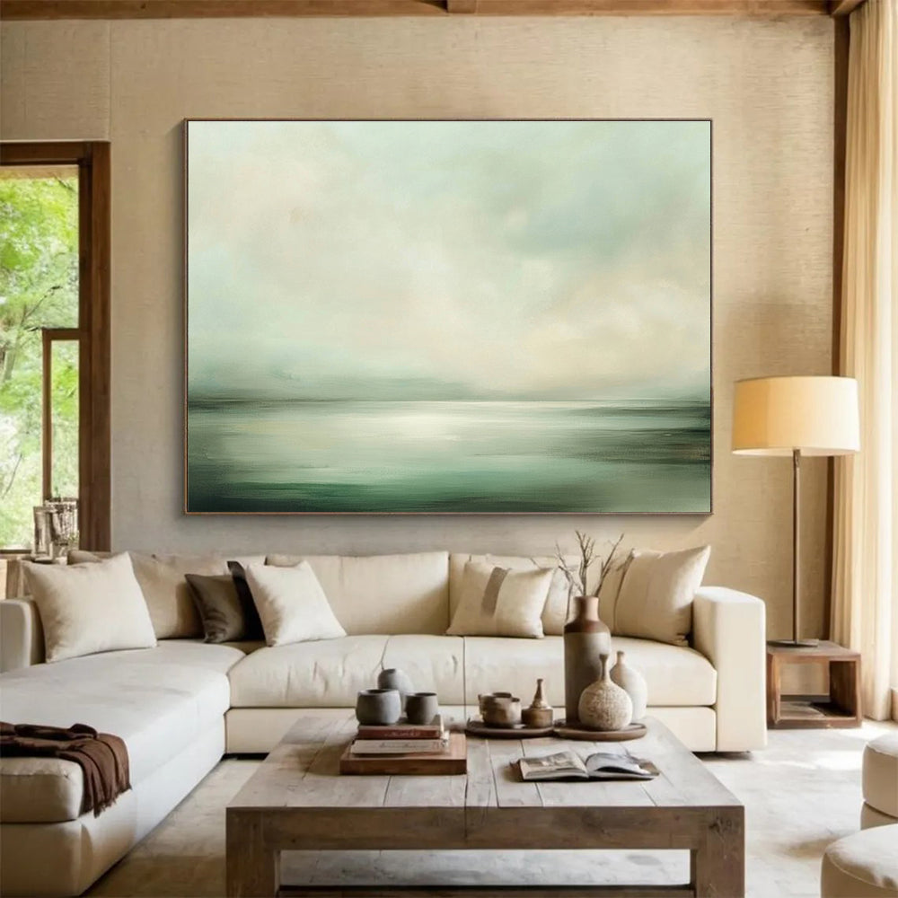 Large abstract painting capturing soft greens and whites of sea and sky, creating an ethereal atmosphere of tranquility and serenity.SC070