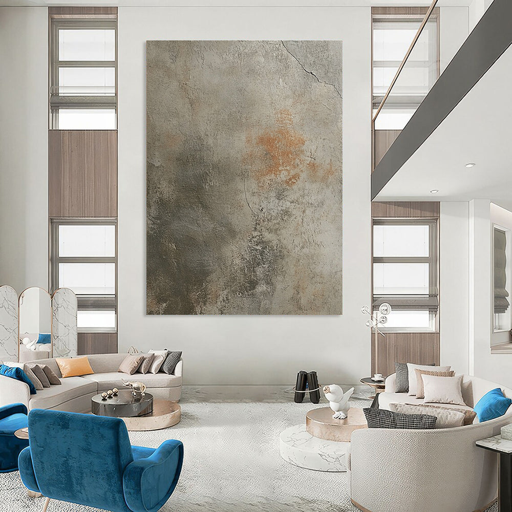 Abstract watercolor illustration blending muted tones on a worn beige concrete floor with a detailed handprint for timeless elegance.STSC1445