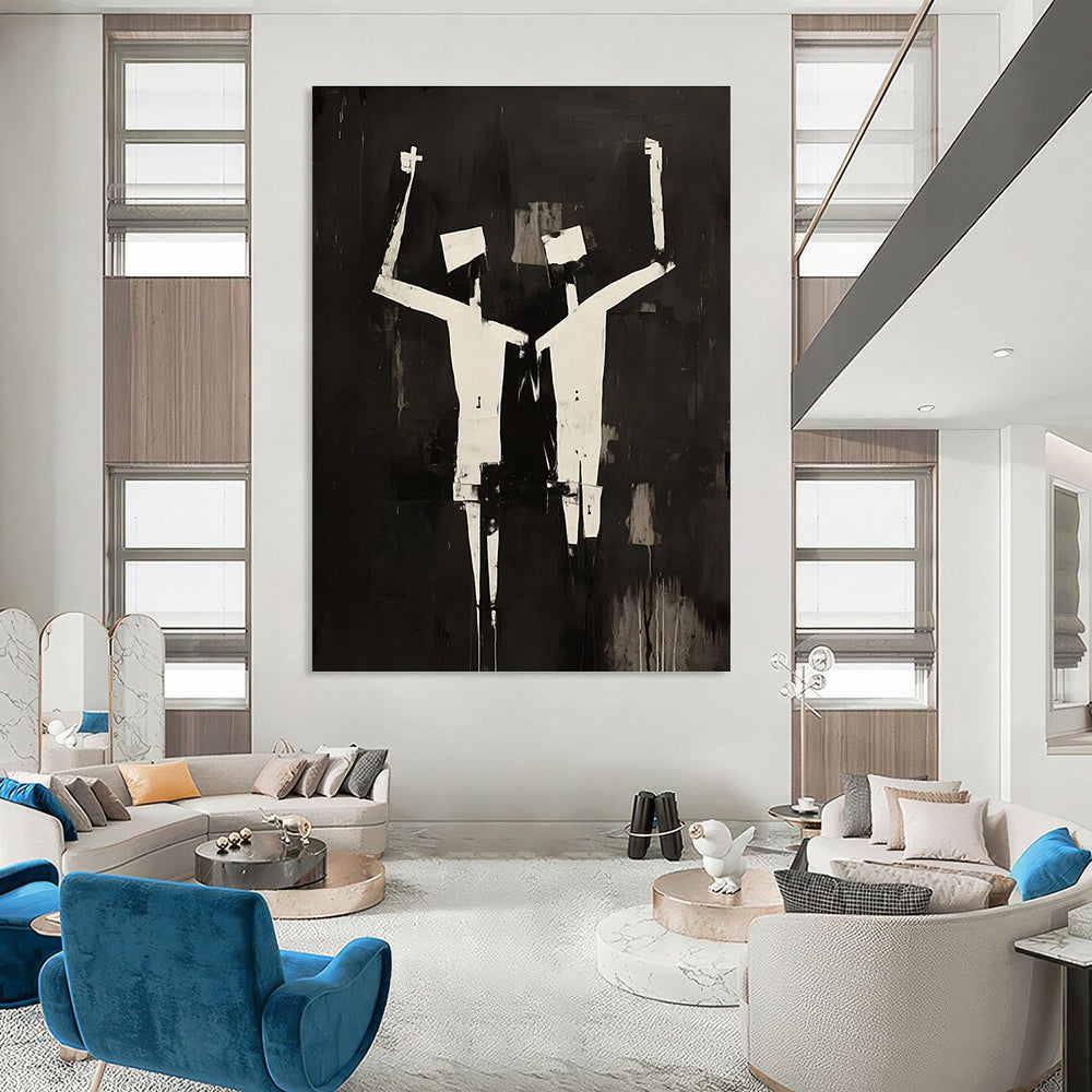 Large abstract painting featuring two figures in black and white oil, inspired by Robert Motherwell with cubist elements.STSC1145