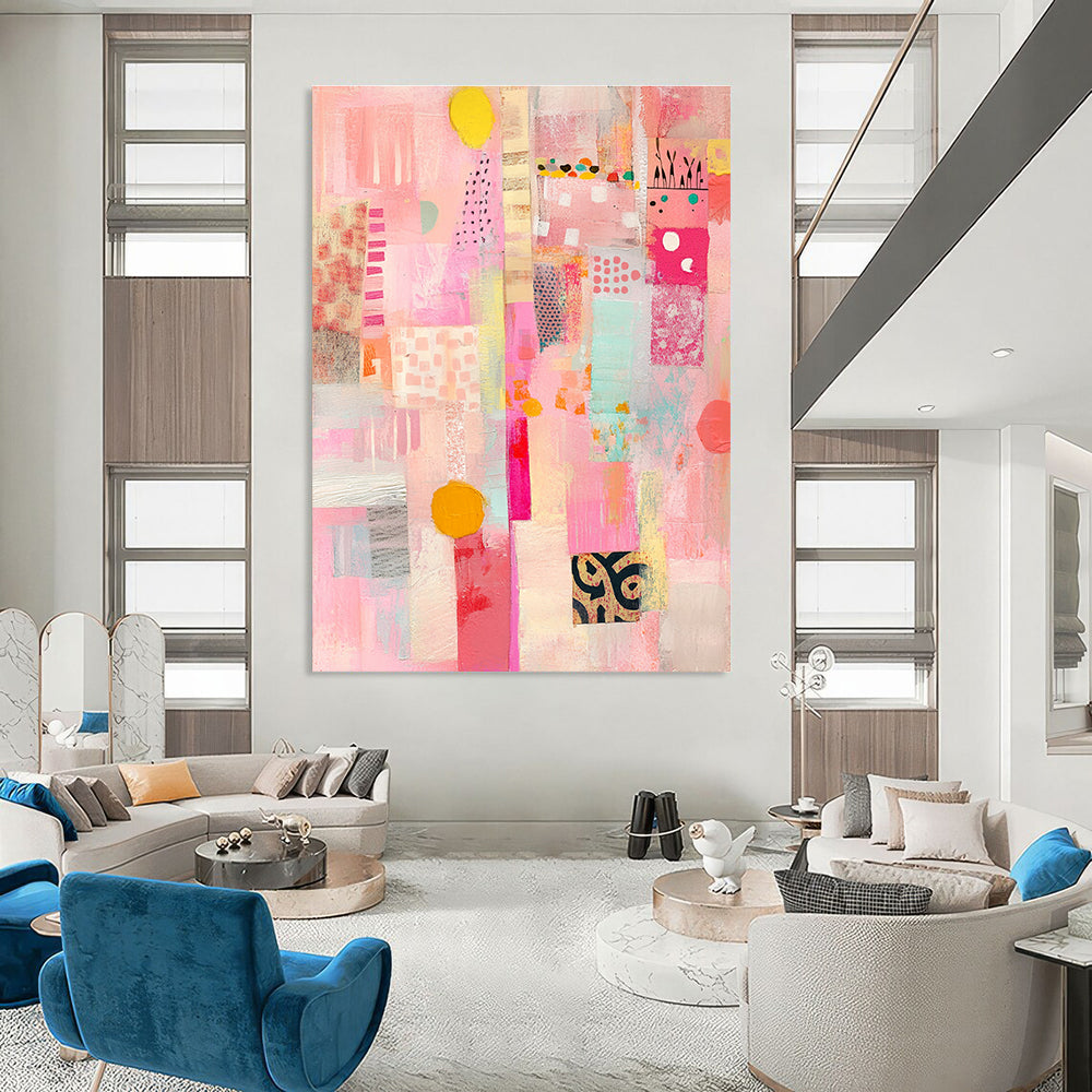 Large abstract collage artwork featuring pastel colors vintage shapes and textured layers for a unique mixed media experience.STSC1309