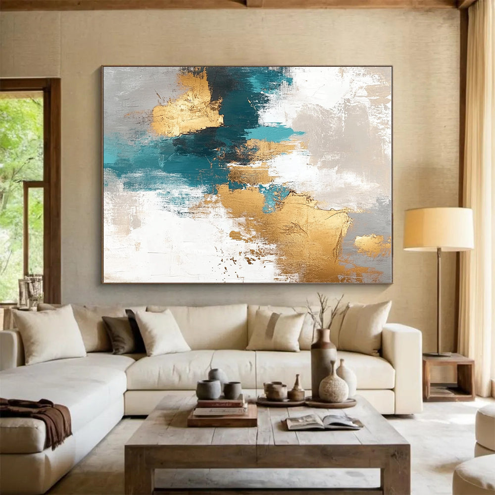 Teal - Gold Abstract with Gray, White, and Beige GER328
