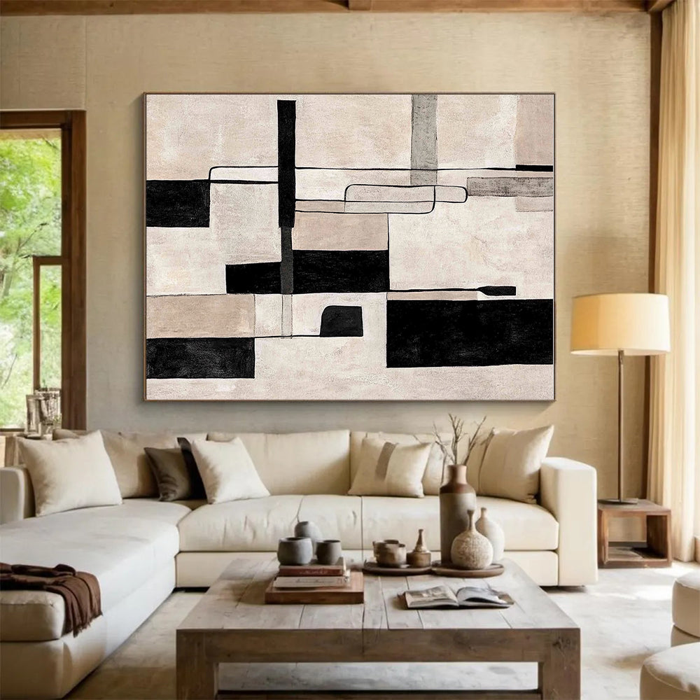 Monochromatic Geometric Abstract with Black, White, and Beige GER322