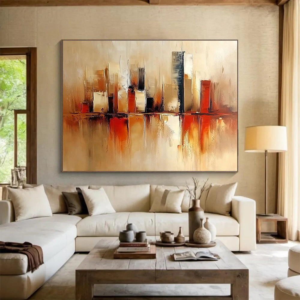 Large abstract painting featuring a modern cityscape in warm beige and red tones with soft brush strokes and minimalist design.SC098