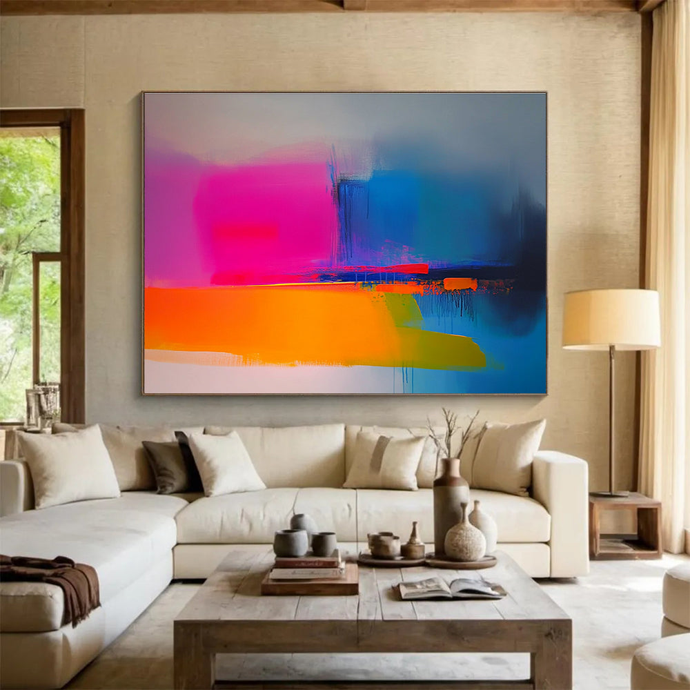 Large abstract painting in neon pink yellow blue orange and green featuring soft gradients smooth brush strokes and a minimalist landscape with blurry edges.SC149