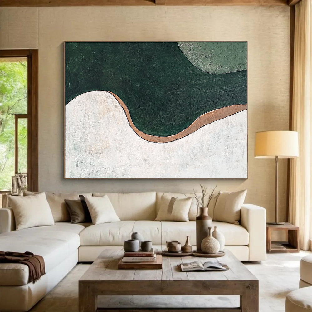 A large abstract painting featuring organic green and white curves, brown accents, resembling a river from an aerial view. Minimalistic design.SC532