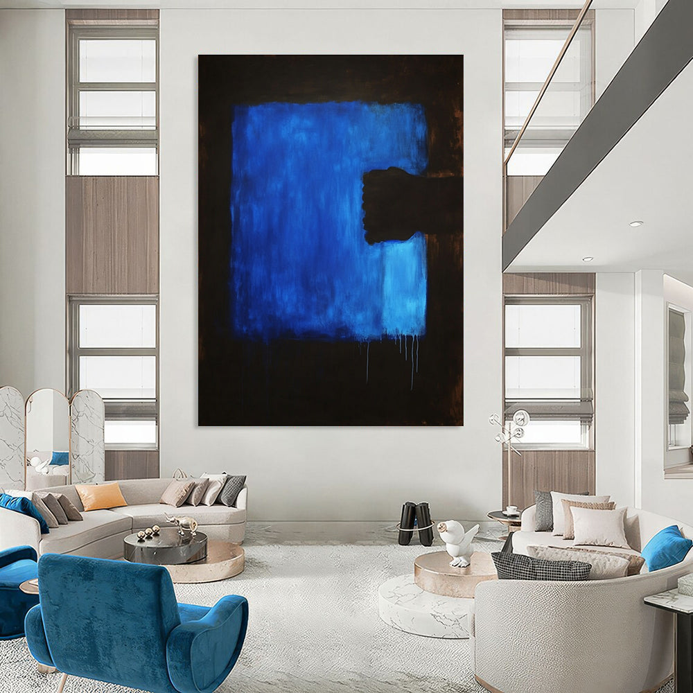 Large abstract painting featuring a dark blue background and a blue foreground, creating a striking visual depth and emotional resonance.STSC1313