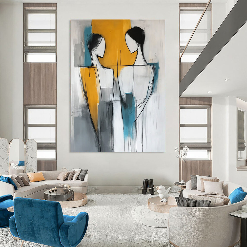 Abstract modern painting featuring two figures in yellow gray and blue colors showcasing contemporary art style.STSC135
