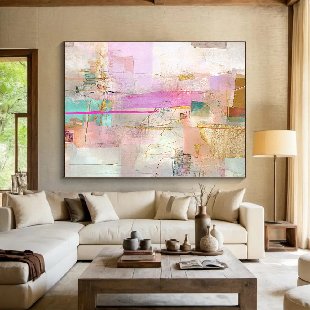 Vibrant Mixed Media Abstract Collage with Pink and Gold GER207