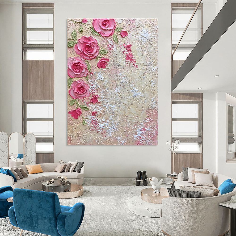 A large abstract painting featuring pink roses and green leaves with lace-like textures evokes romance and elegance for home decor.STSC931