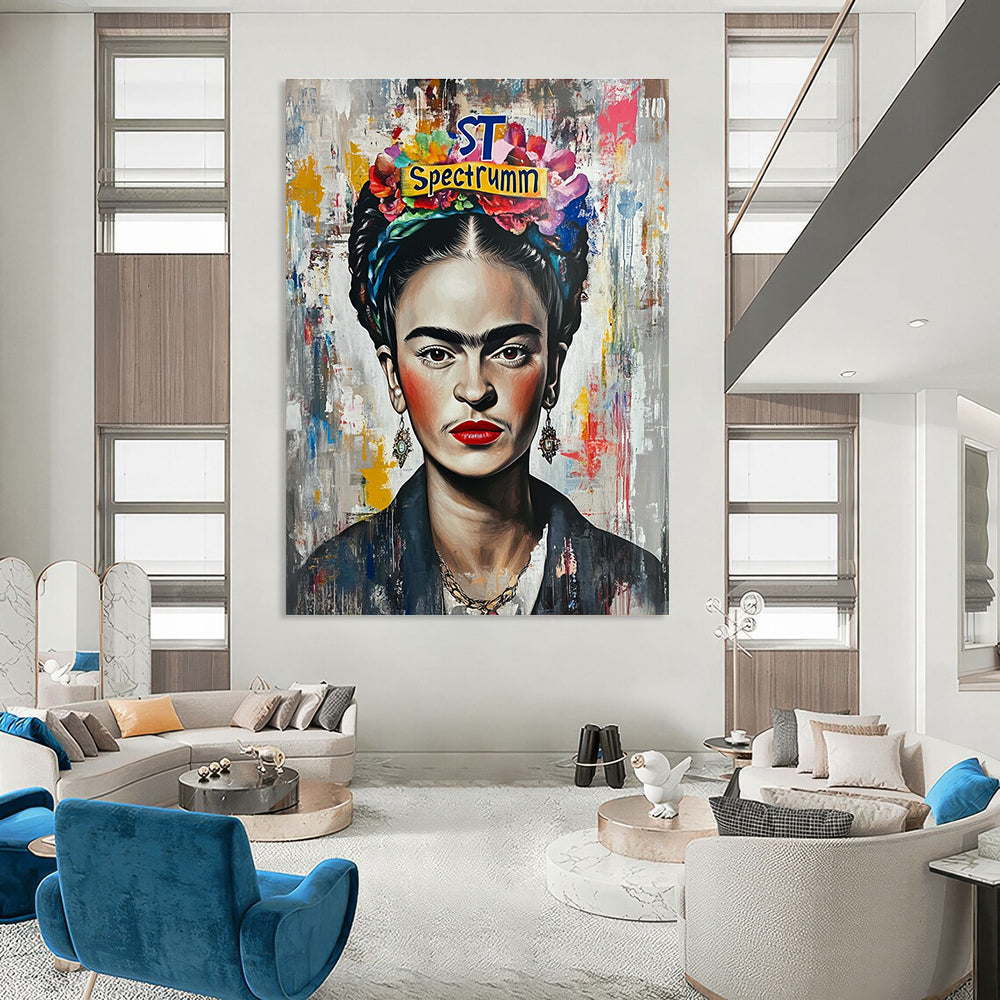 A large abstract painting featuring Frida Kahlo with graffiti-style elements bright colors and intricate details capturing vibrant pop culture inspirations.STSC1128