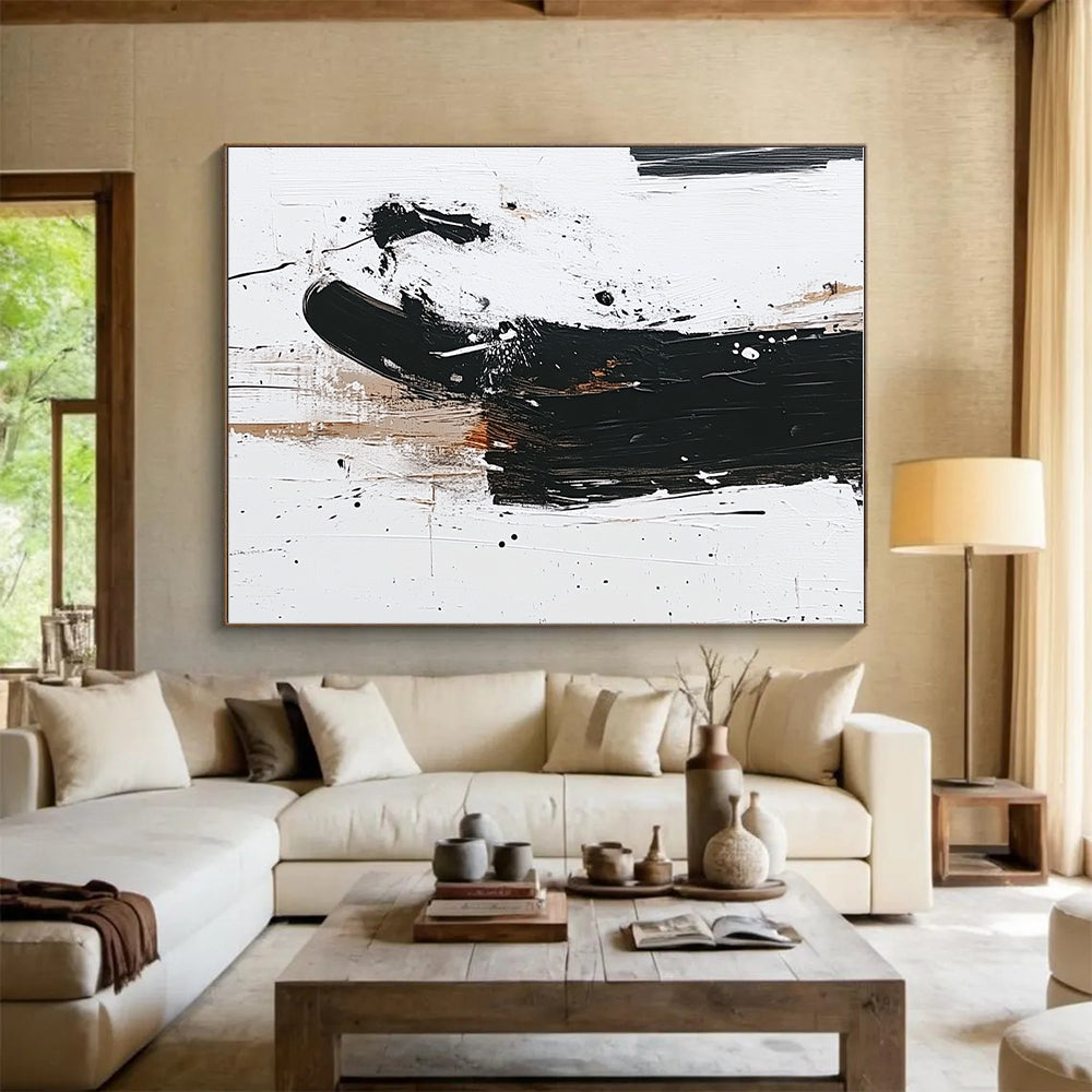 Black Beige and White Abstract Painting with Expressive Splatters GER638