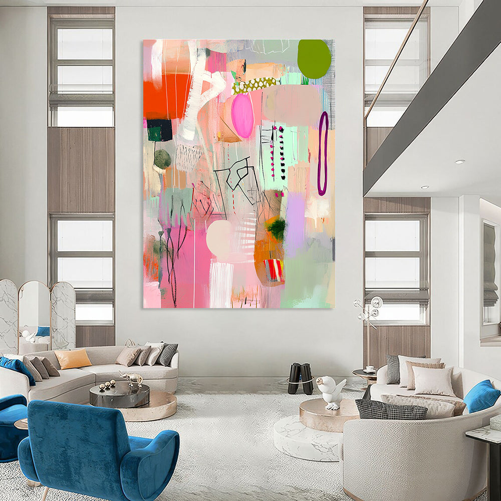Large abstract painting in pink and green with playful textures stripes and shapes creating a joyful celebration atmosphere perfect for any space.STSC1040