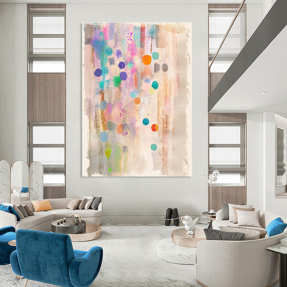 A dreamy watercolor abstract painting with pastel colors dots and stripes on light beige paper featuring a clean white border.STSC988