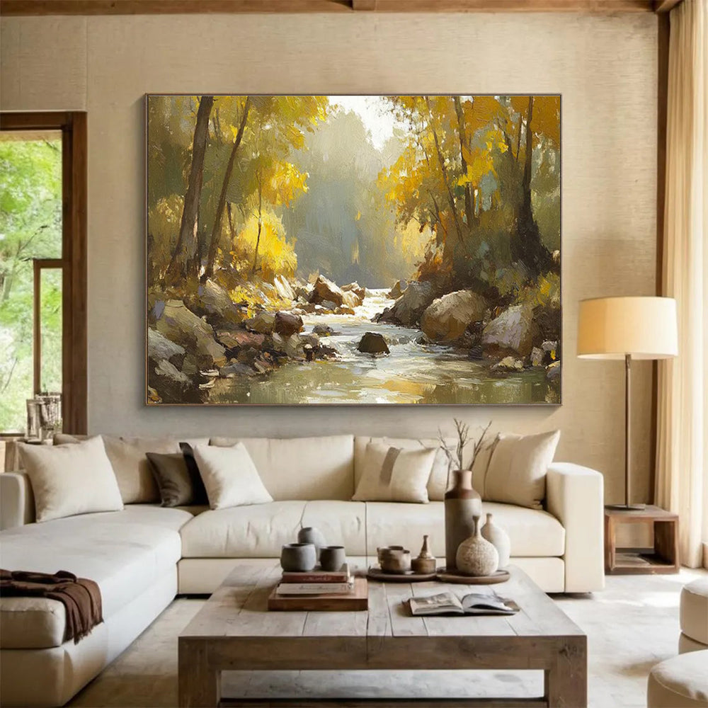 Autumn River Abstract Painting with Warm, Golden Tones THY412