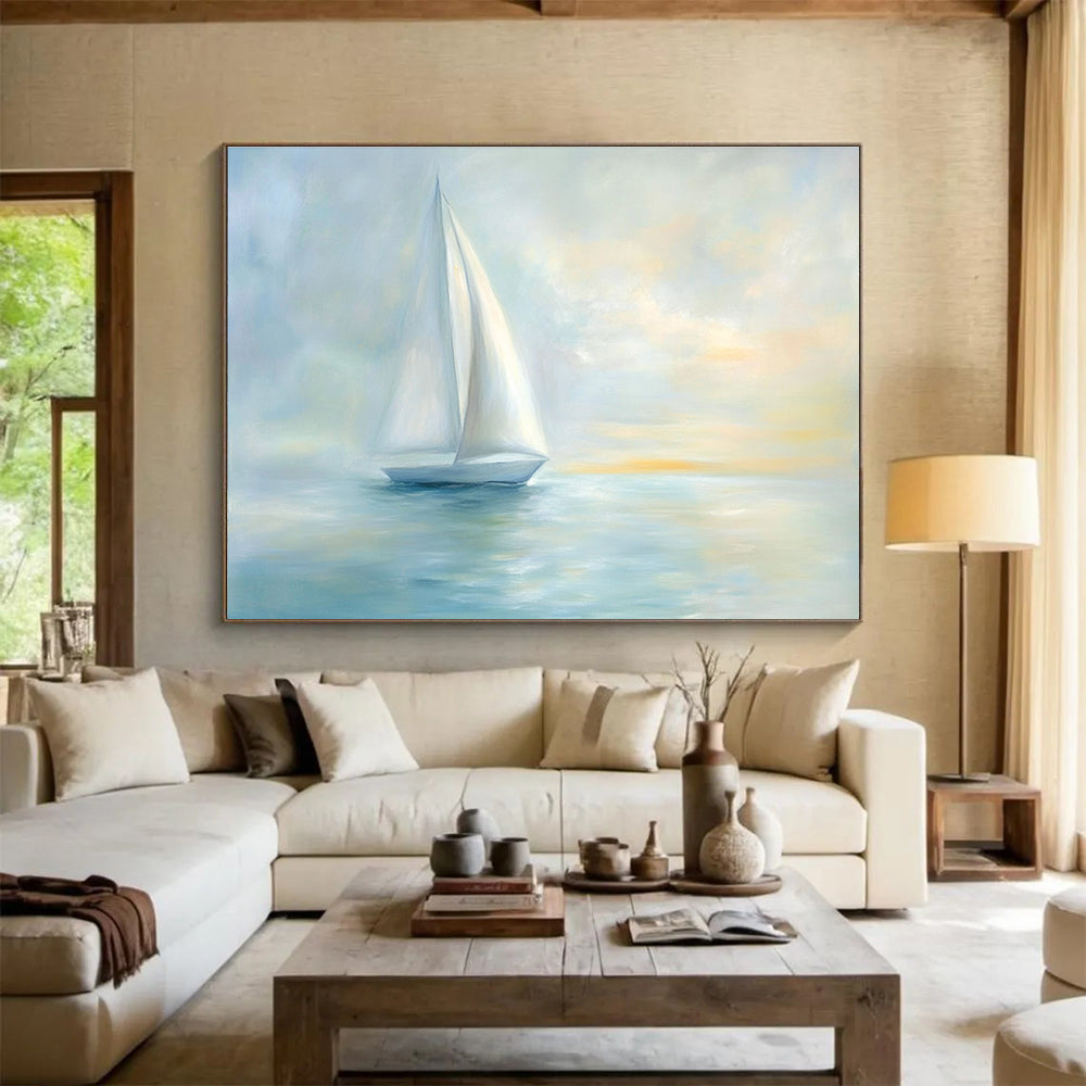 A large abstract painting of serene sea with elegant sailboat and soft pastel colors creating a tranquil Impressionist atmosphere.SC547