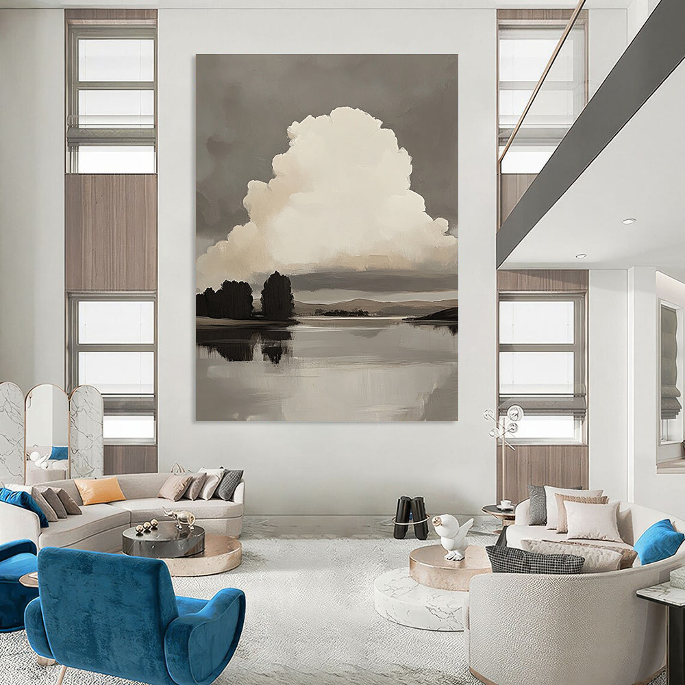 Large abstract oil painting of a white cloud over a lake with minimalist trees and hills in muted colors against a gray background.STSC868