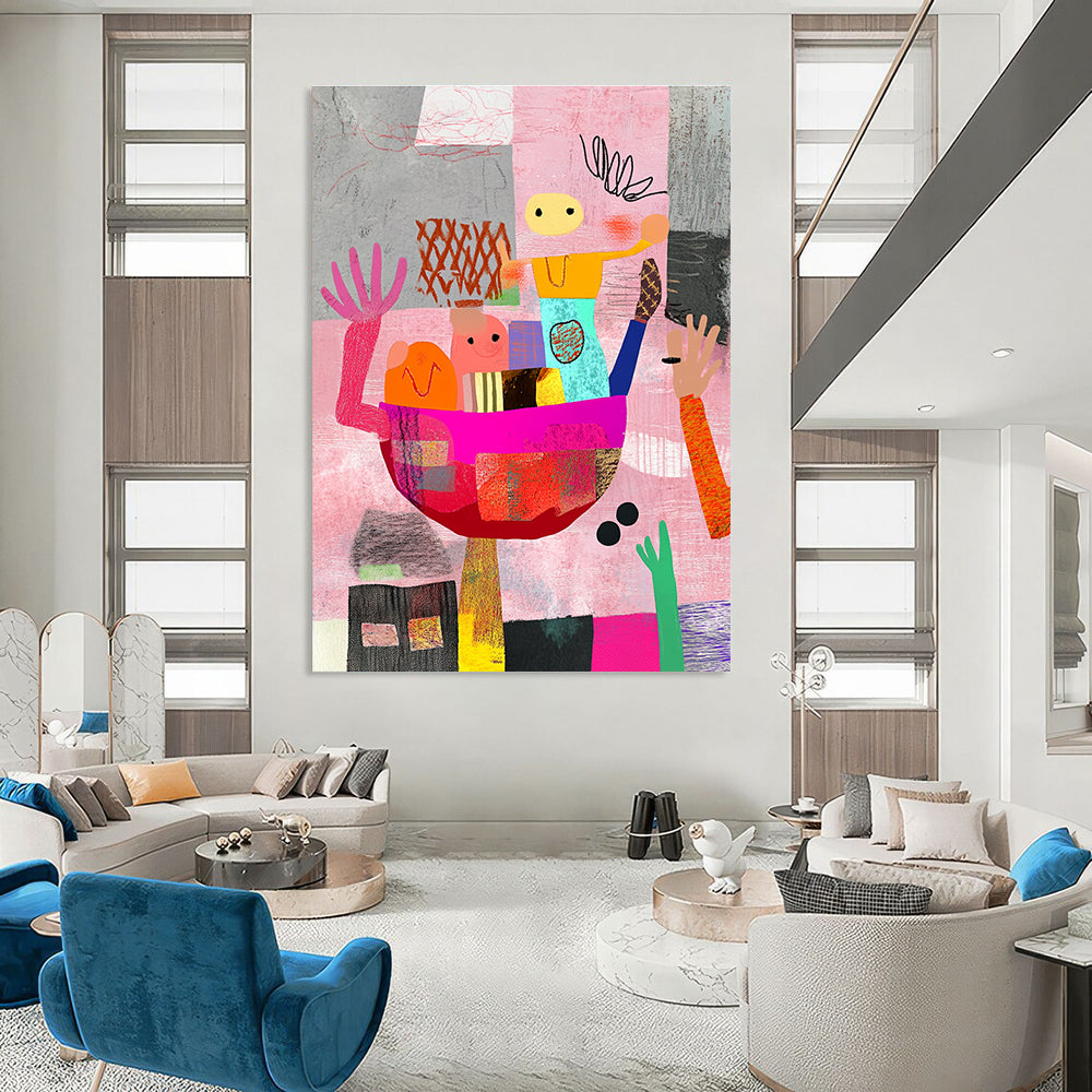 Large abstract artwork featuring whimsical shapes and people carrying an oversized food bowl against a pink and gray backdrop with colorful hand-drawn patterns.STSC968