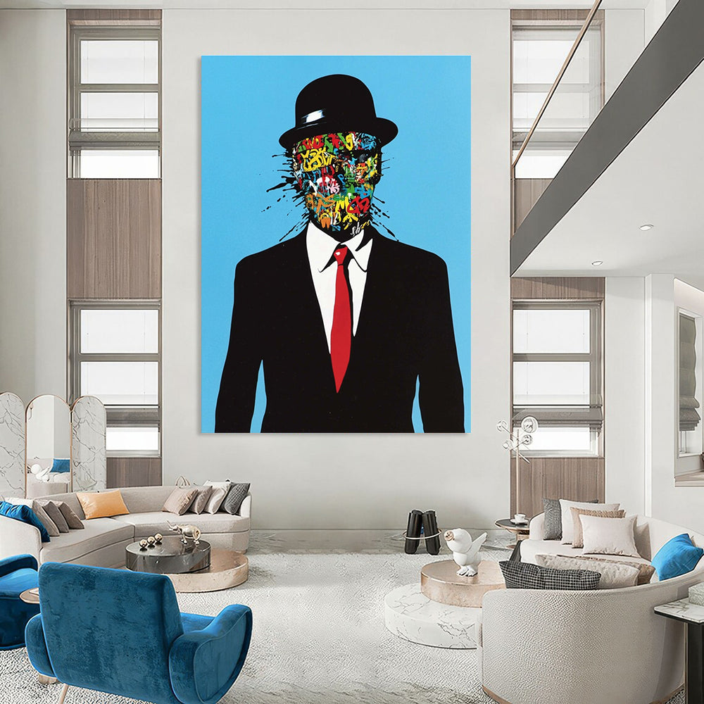 An abstract artwork featuring a man in a black suit and red tie with graffiti on his face against a blue background in a surreal style.STSC1056