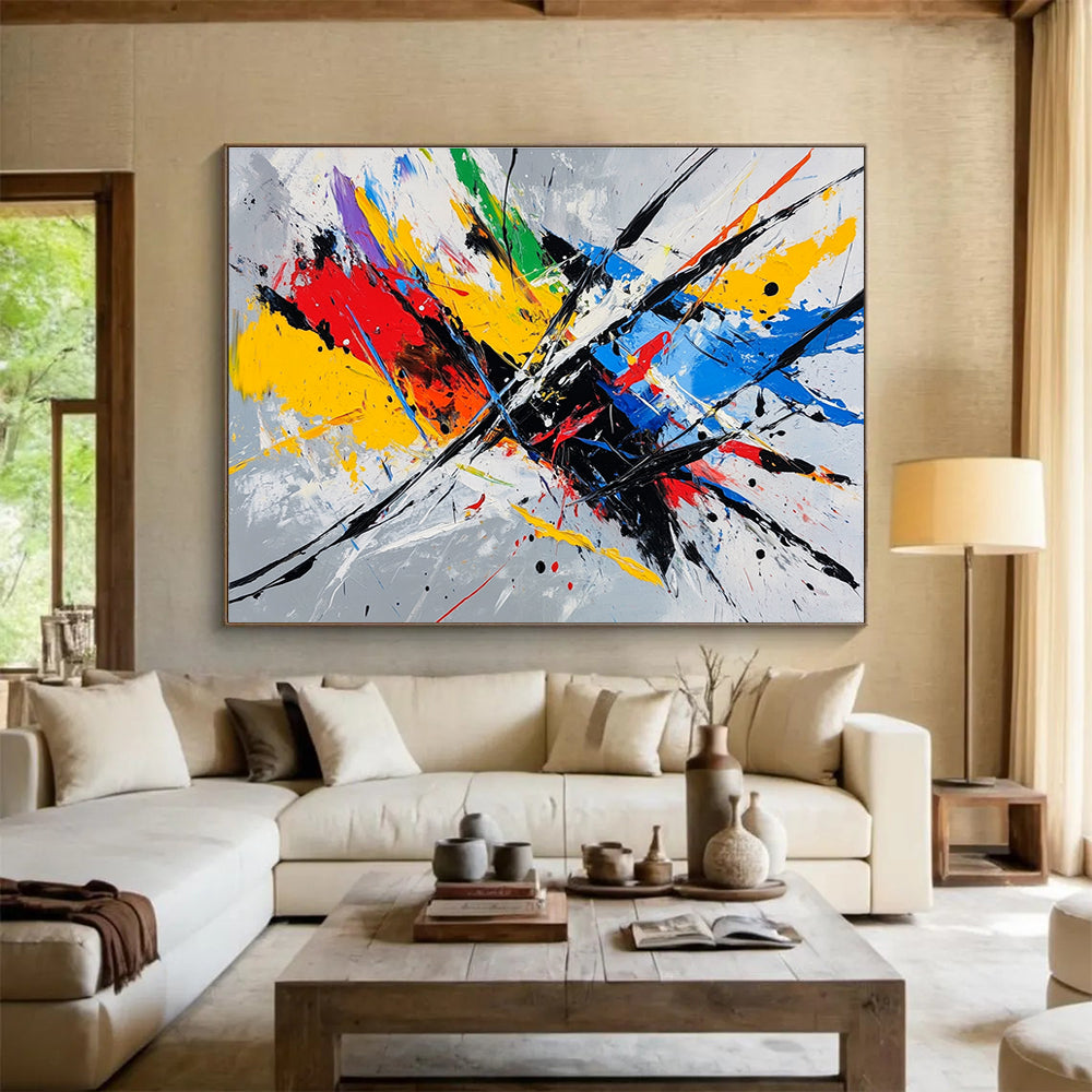 Bold abstract painting featuring dynamic lines and vibrant colors, capturing the essence of speed on a gray background.SC156