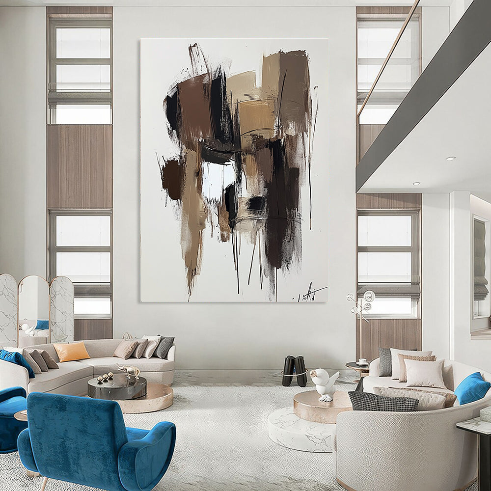 Large abstract painting in brown and beige with thick brush strokes on a dark gray background showcasing modern art style and neutral tones.STSC746