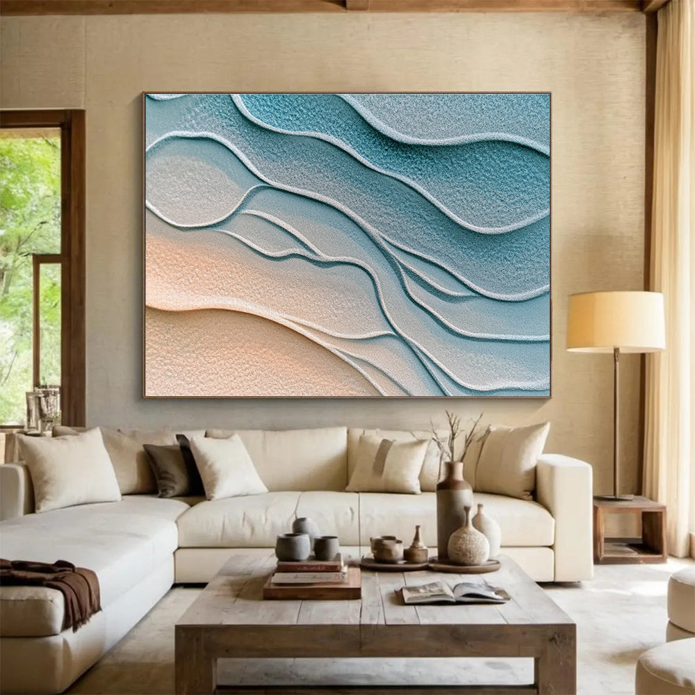 This abstract painting portrays textured Martian sand in soft light blue and gray hues, creating a serene and tranquil atmosphere with gentle ripples.SC452