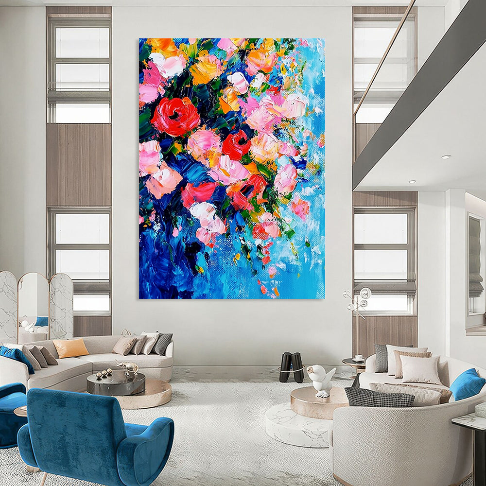 Large abstract painting featuring vibrant flowers in pink and red against a delicate blue and pink background showcasing intricate details and dynamic composition.STSC1026
