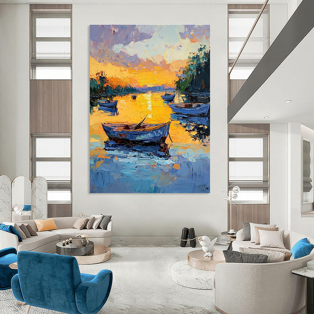 Large abstract painting featuring boats at sunset with rich colors and expressive brushstrokes capturing serene reflections on calm water.STSC1389