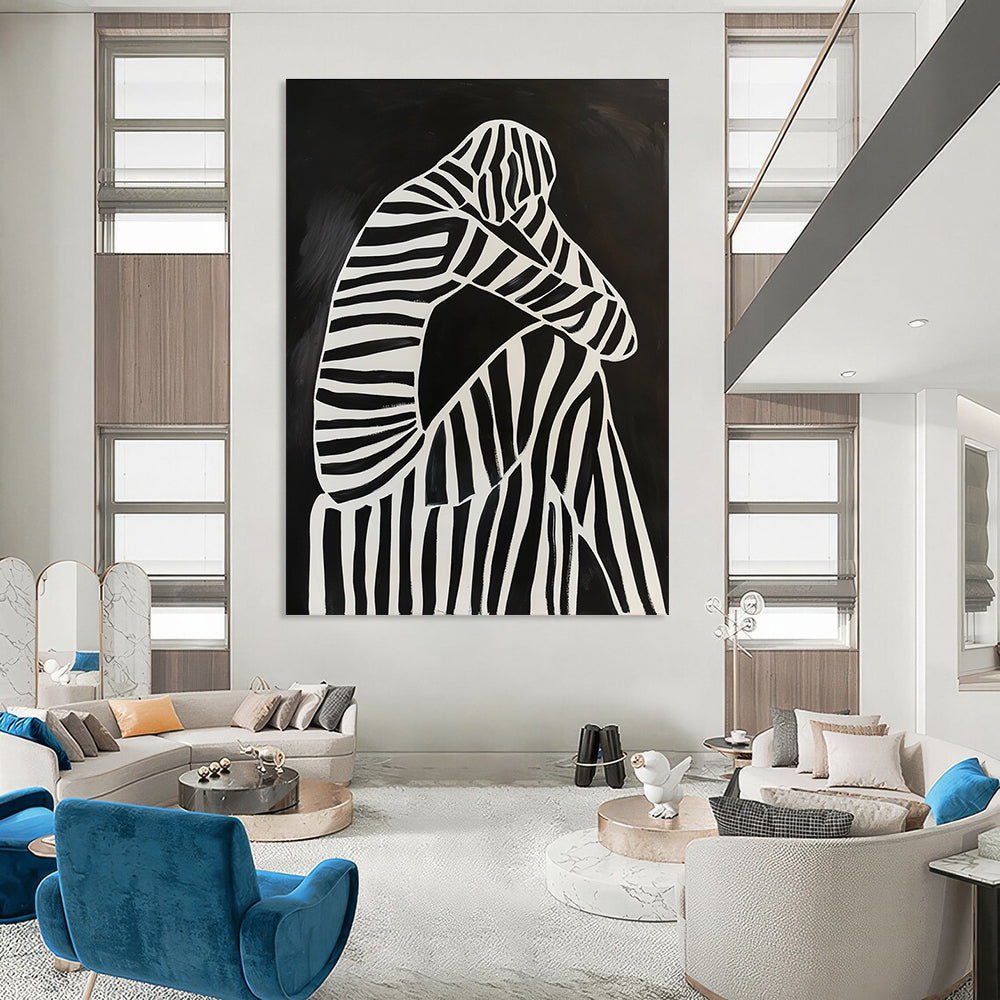 Abstract painting of a black and white figure on a striped chair featuring minimalistic lines and high contrast in a dark background.STSC1111