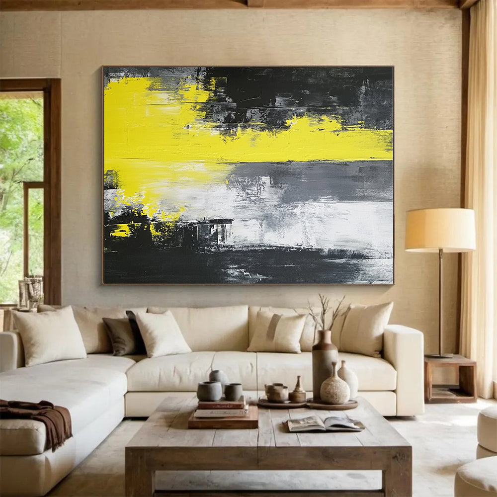 Black Gray and Yellow Abstract Painting with Expressive Strokes GER506