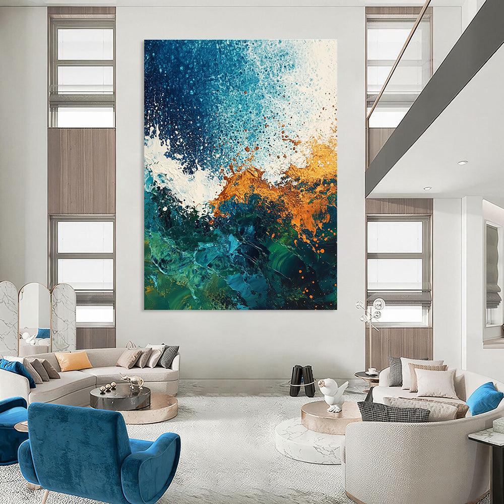 Large abstract painting of ocean waves featuring a textured mix of blues greens and rust colors against a dark blue white green and brown background.STSC324