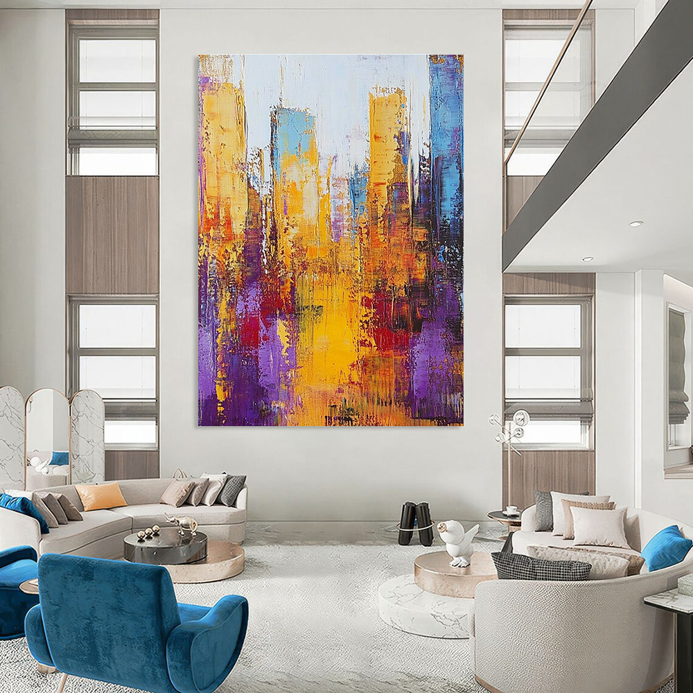 Large abstract painting of a cityscape with thick brush strokes in gold and purple on a textured canvas.STSC161