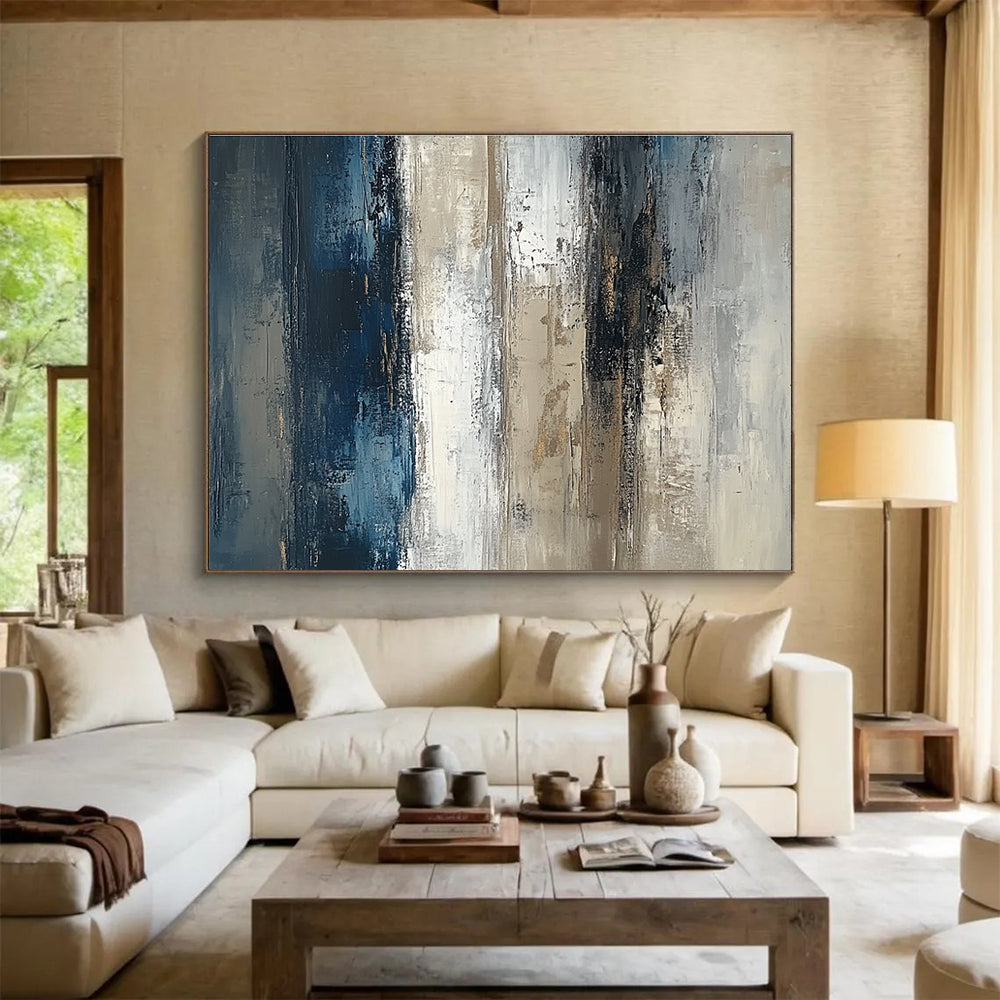 Abstract oil painting of a textured vertical wall featuring neutral tones with blue and brown accents on a beige grey and white canvas.SC121