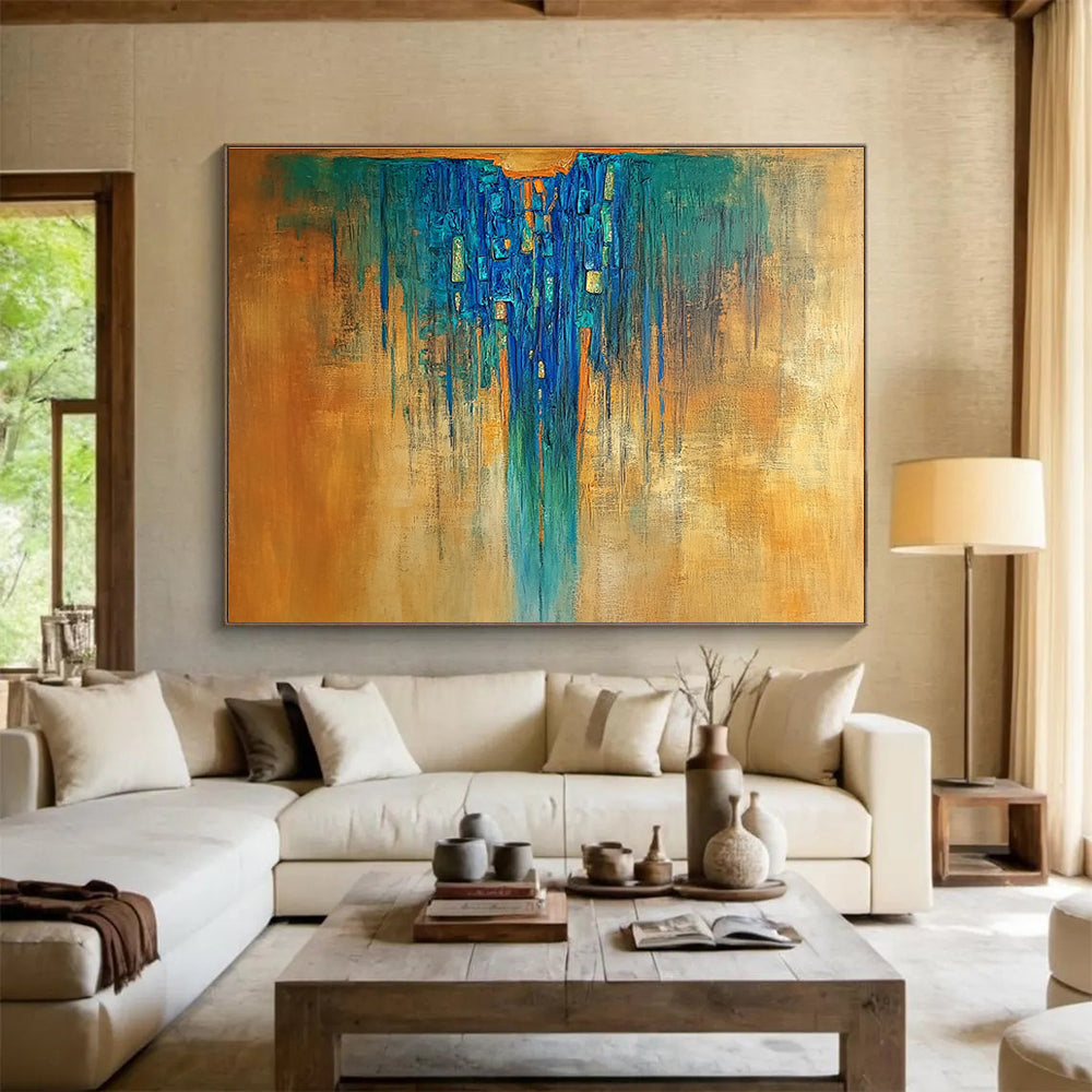 Blue Drip Abstract Painting with Gold Accents DYP498