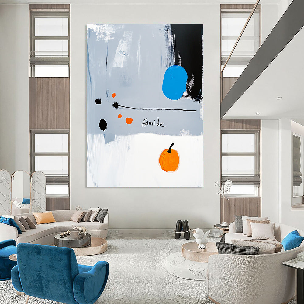 Abstract painting of a right-pointing arrow in blue white gray orange and black with Gamide text and a cartoonish pumpkin on light gray background.STSC1073