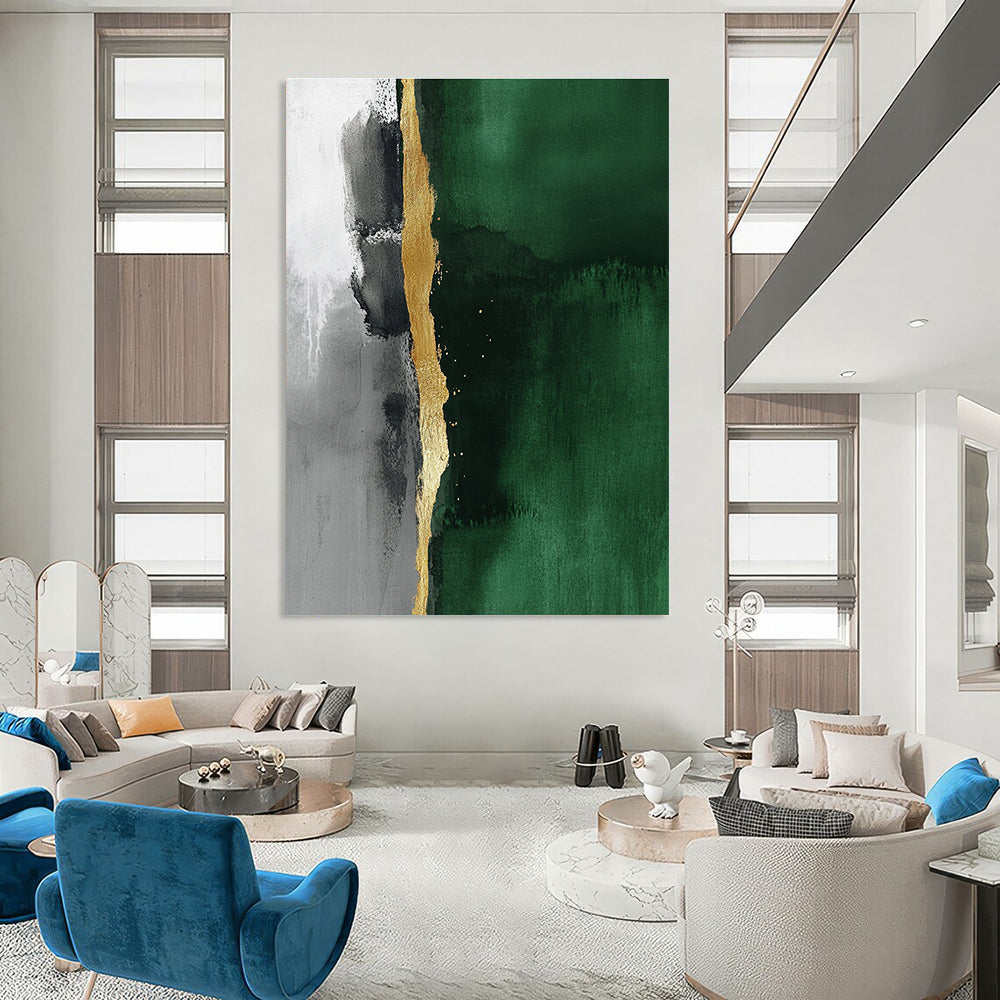 Abstract minimalist painting featuring a thin gold line against an emerald green and gray background emphasizing fluidity and elegant simplicity.STSC129