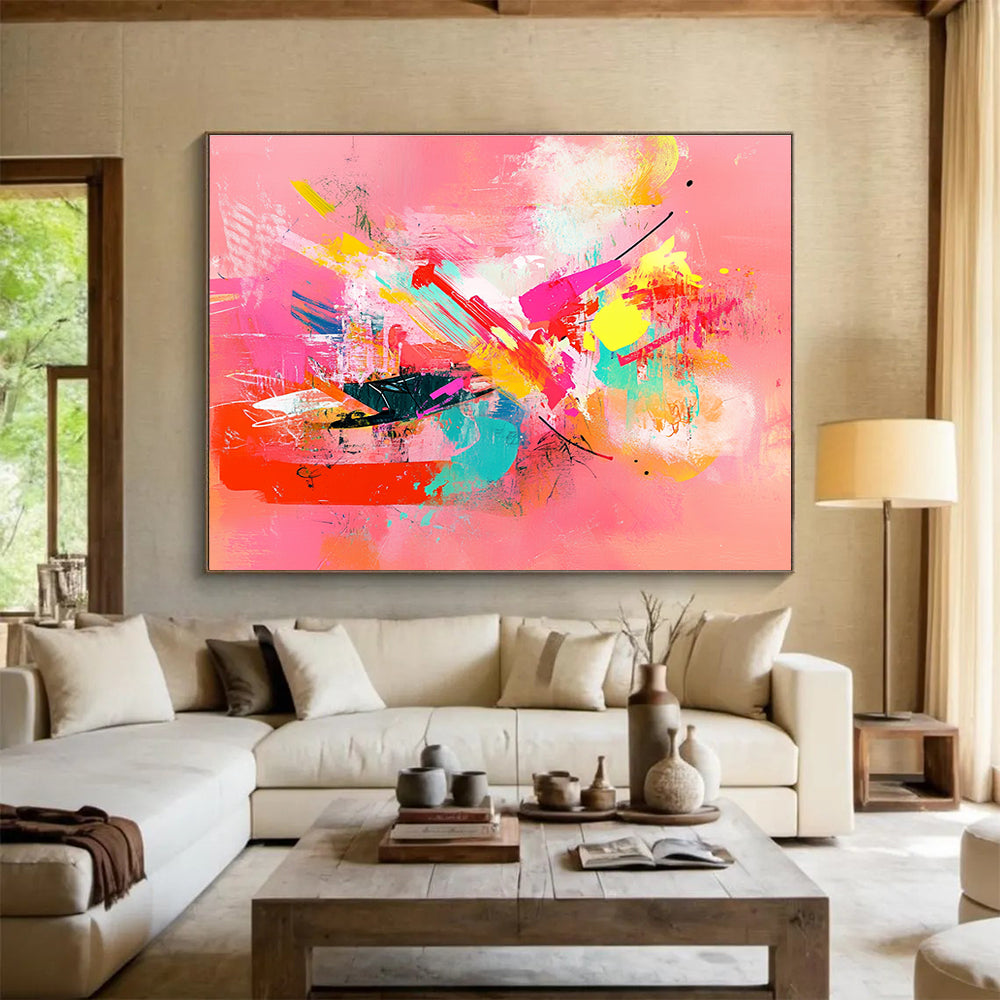 A large abstract painting featuring colorful shapes and lines on a pink background with emotional expressions and a feminine sensibility.SC535