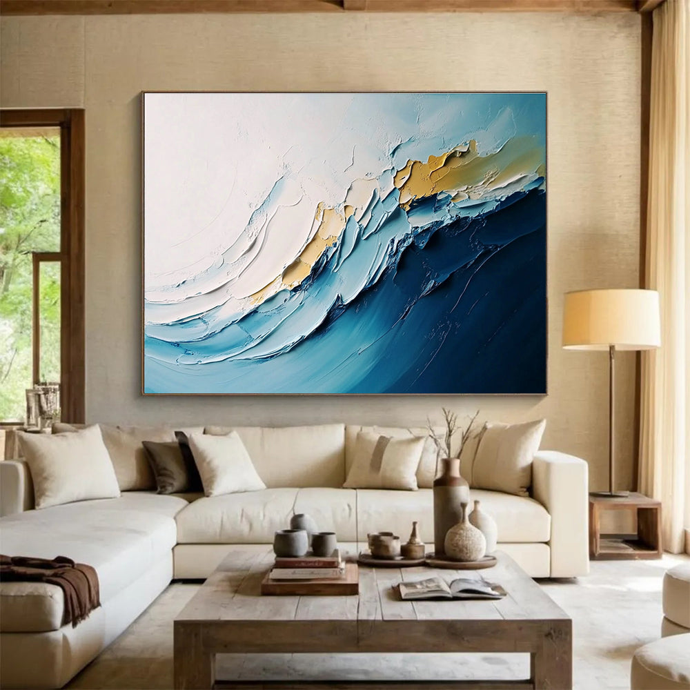 Large abstract waves painting with thick impasto layers in white and blue hues, perfect for modern decor.SC368