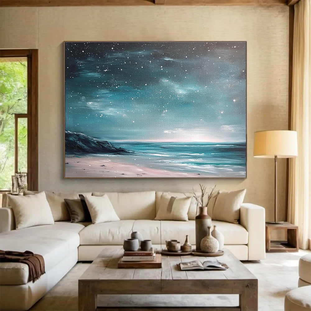 Coastal Starry Night Abstract Painting with Teal and Pink Tones DYP556