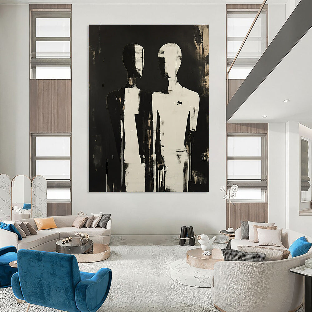 A large abstract painting featuring two silhouetted figures with elongated and featureless heads, evoking mystery and emotional connection against a dark backdrop.STSC908